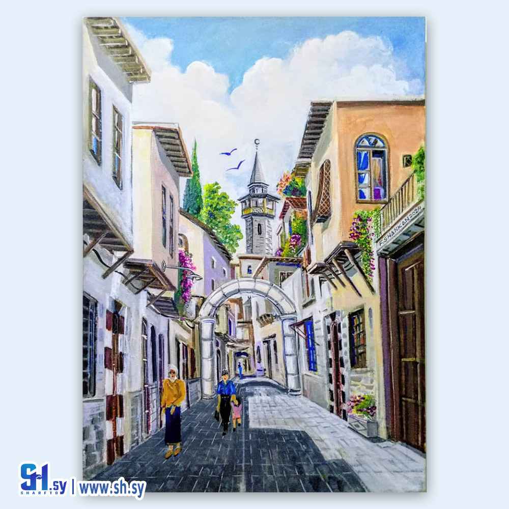 رسمة اكرليك على قماش لحارة دمشقية 8 (AlFredo Shankan)