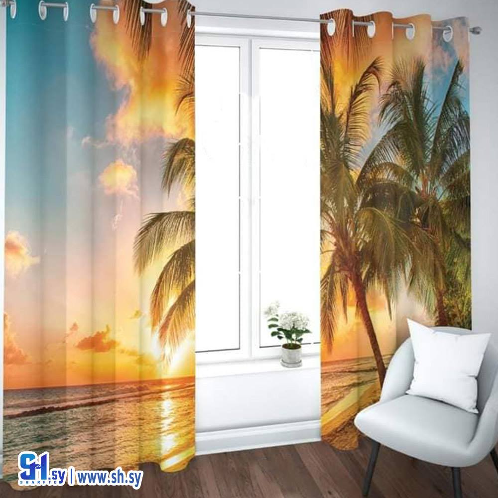 ستارة عصرية 3D غروب الشمس فوق شجر جوز الهند (ستائر الصقر)