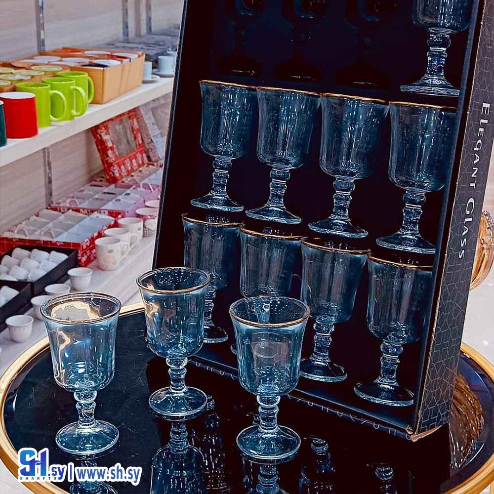 طقم كاسات زجاج مع قاعدة مرتفعة (عصرونية النصر)