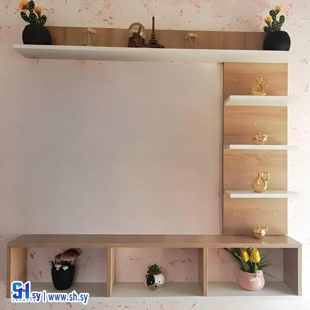 طاولة شاشة مع رفوف حائط موديل 1 (الوسام للألمنيوم والمطابخ والديكورات)