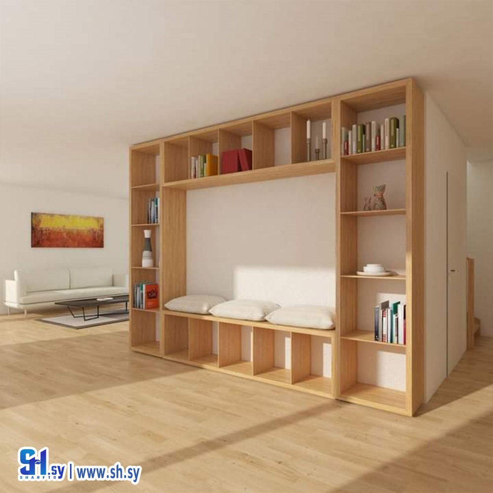 رف الكتب الجداري الخشبي  2 (الوسام للألمنيوم والمطابخ والديكورات)