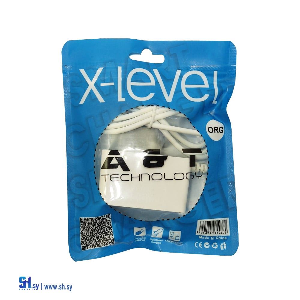شاحن إكس ليفل موديل AT-06 إلكتروني 5V - 2.1A مزود بمخرجين usb وصلة مايكرو بطول 100سم