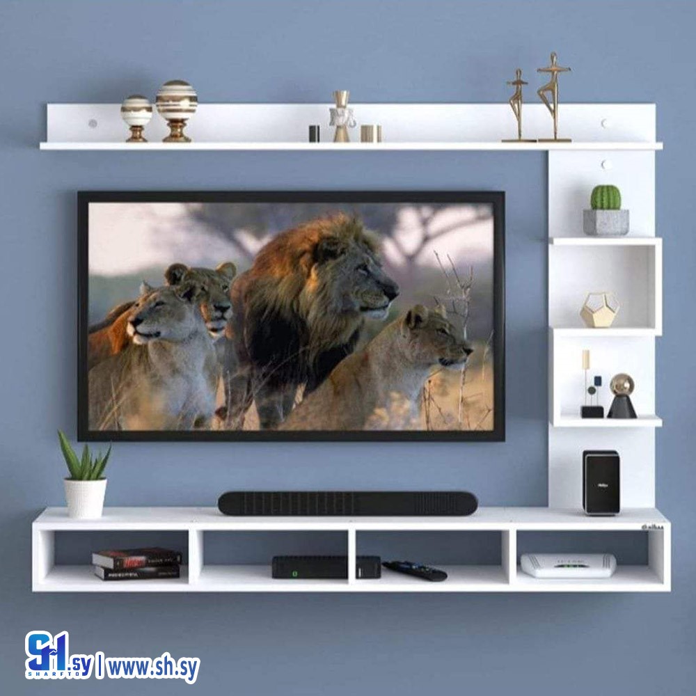 طاولة شاشة مع رفوف حائط موديل 2 (الوسام للألمنيوم والمطابخ والديكورات)