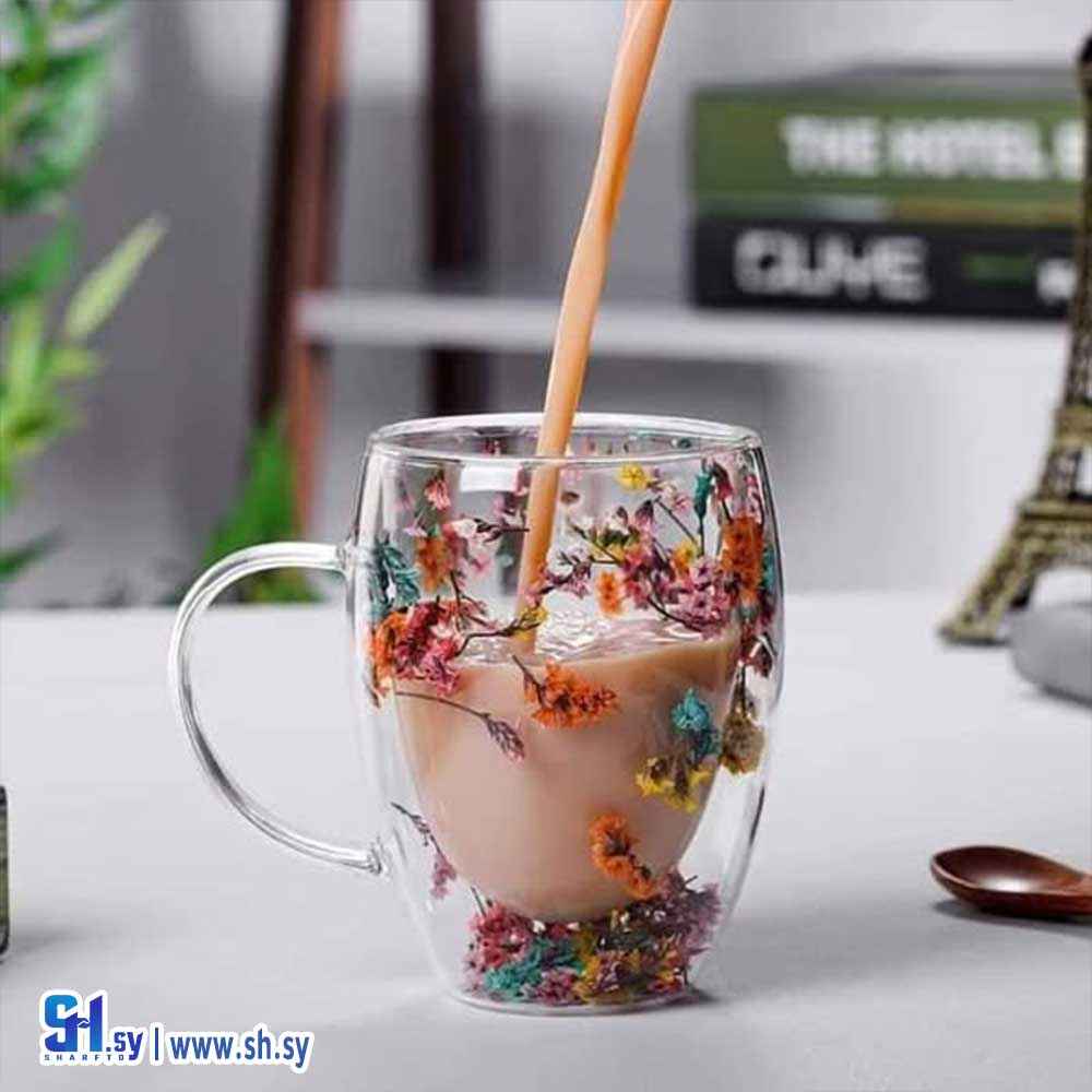 كاسة دبل غلاس مع ورد مجفف (جنى للأدوات المنزلية)