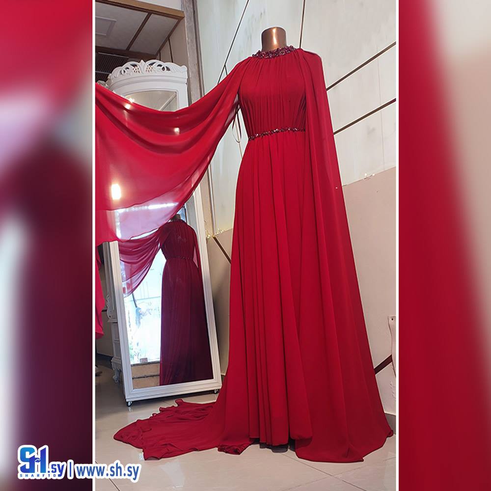 فستان احمر أكمام حريم السلطان مع شك نول عالرقبة (روفانا ستايل)