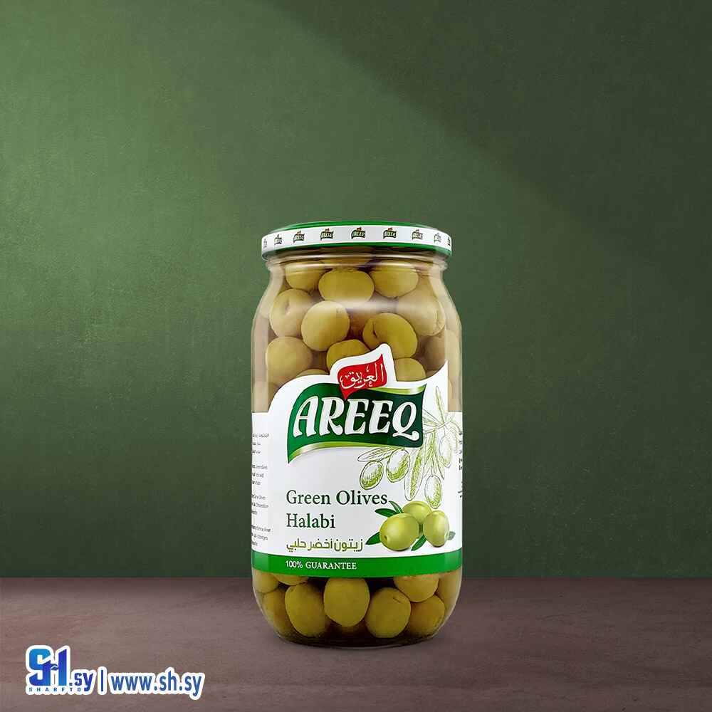 زيتون أخضر حلبي 700غ عبوة زجاج (العريق)